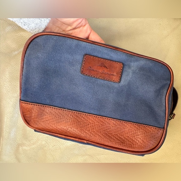 Tommy Bahama Mens Travel Bag Toiletries Navy Blue Leather - Picture 7 of 11